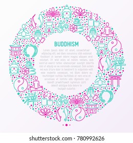 Buddhism concept in circle with thin line icons: yoga, meditation, Buddha, Yin-Yang, candles, Aum letter, aromatherapy, pagoda, temple. Modern vector illustration for web page template.