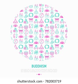 Buddhism concept in circle with thin line icons: yoga, meditation, Buddha, Yin-Yang, candles, Aum letter, aromatherapy, pagoda, temple. Modern vector illustration for web page template.
