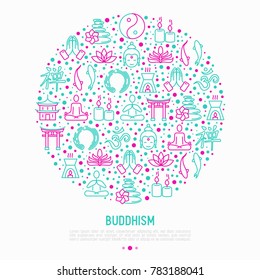 Buddhism concept in circle with thin line icons: yoga, meditation, Buddha, Yin-Yang, candles, Aum letter, aromatherapy, pagoda, temple. Modern vector illustration for web page template.
