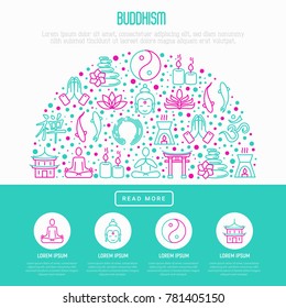 Buddhism concept in half circle with thin line icons: yoga, meditation, Buddha, Yin-Yang, candles, Aum letter, aromatherapy, pagoda, temple. Modern vector illustration for web page template.
