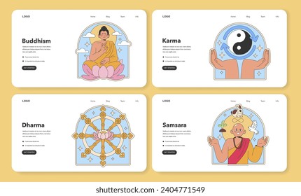 Buddhism concept set. Iconic representations of Buddha, Karma, Dharma, and Samsara within peaceful illustrations. Flat vector illustration.