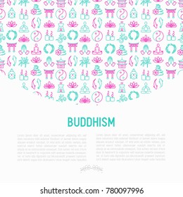 Buddhism concept with thin line icons: yoga, meditation, Buddha, Yin-Yang, candles, Aum letter, aromatherapy, pagoda, temple. Modern vector illustration for web page template.