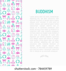 Buddhism concept with thin line icons: yoga, meditation, Buddha, Yin-Yang, candles, Aum letter, aromatherapy, pagoda, temple. Modern vector illustration for web page template.