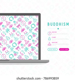 Buddhism concept with thin line icons: yoga, meditation, Buddha, Yin-Yang, candles, Aum letter, aromatherapy, pagoda, temple. Modern vector illustration for web page template.