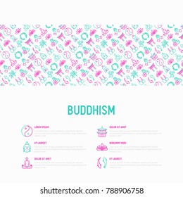 Buddhism concept with thin line icons: yoga, meditation, Buddha, Yin-Yang, candles, Aum letter, aromatherapy, pagoda, temple. Modern vector illustration for web page template.