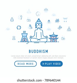 Buddhism concept with thin line icons: yoga, meditation, Buddha, Yin-Yang, candles, Aum letter, aromatherapy, pagoda, temple. Modern vector illustration, web page template.