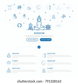 Buddhism concept with thin line icons: yoga, meditation, Buddha, Yin-Yang, candles, Aum letter, aromatherapy, pagoda, temple. Modern vector illustration, web page template.