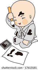Buddhism Cute Character with ink and calligraphy isolated on white background