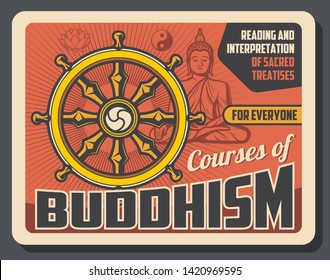 Afiche de budismo e iluminación de Dharma, enseñanza de tratados religiosos, lectura e interpretación. Vector Budismo religión dharma rueda, Buda en la postura de mediación con mudra y Yin Yang signo