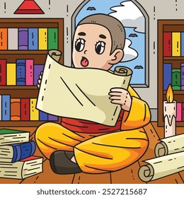 Buddhism Female Monk Reading Scriptures Colored 