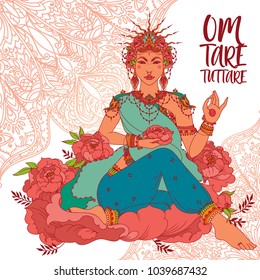 Buddhism goddes Tara, bohemian royal asian woman in crown and flowers, poster with mantra "om tare tuttare" vector illustration