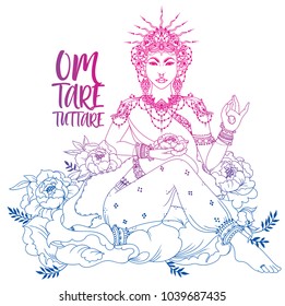 Buddhism goddes Tara, bohemian royal asian woman in crown and flowers, poster with mantra "om tare tuttare" vector illustration