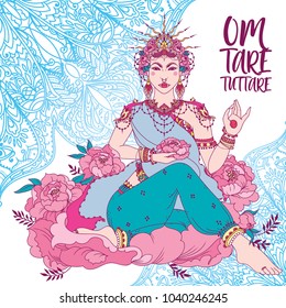 Buddhism goddes Tara, bohemian royal asian woman in crown and flowers, poster with mantra "om tare tuttare" vector illustration