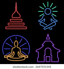 buddhism group of neon icons, vector illustration, on a black background.