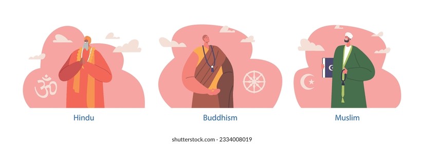 Buddhism and Hindu Religious Ministers, Dedicated Characters Who Providing Spiritual Guidance, Vector Illustration