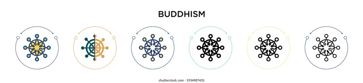 Icono de budismo en estilo relleno, delgado, contorno y trazo. Ilustración vectorial de dos iconos vectoriales de budismo de color y negro se pueden utilizar para móviles, ui, web