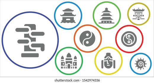 buddhism icon set. 9 filled buddhism icons.  Simple modern icons about  - Wing chun, Pagoda, Angkor wat, Buddha, Yin yang, Chakra