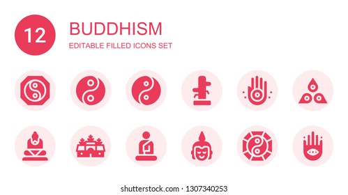 buddhism icon set. Collection of 12 filled buddhism icons included Yin yang, Wing chun, Jainism, Buddha, Angkor wat, Chakra, Buddhism