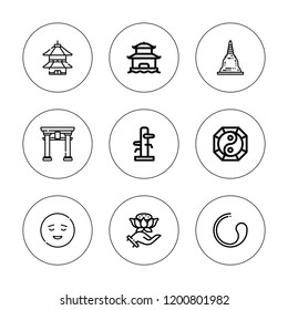 Buddhism icon set. collection of 9 outline buddhism icons with buddhism, calm, pagoda, wing chun, torii gate, yin yang icons. editable icons.