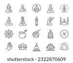 Buddhism icon set. It included monk, Buddha, Buddhist, temple, and more icons. Editable Vector Stroke.