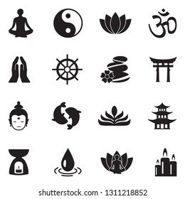 Buddhism Icons. Black Flat Design. Vector Illustration. 