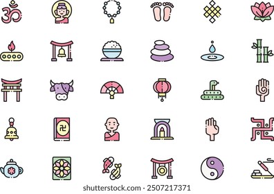 Buddhism icons collection is a vector illustration with editable stroke.