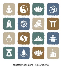 Buddhism Icons. Grunge Color Flat Design. Vector Illustration. 