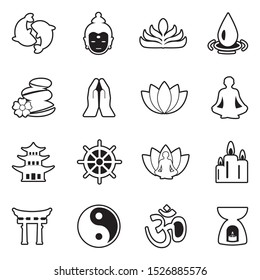 Buddhism Icons. Line With Fill Design. Vector Illustration.