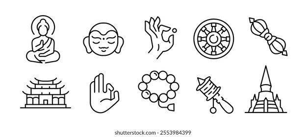 Buddhism icons. Set of 10 Buddha temple trendy minimal icons. Buddha, Lotus, Prayer Wheel, Dharma Wheel, Mala Beads icon. Design signs for web page, mobile app, packaging design. Vector illustration