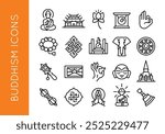 Buddhism icons. Set of 20 Buddhism-themed trendy minimal icons. Buddha, Lotus, Prayer Wheel, Dharma Wheel, Mala Beads icon. Design signs for web page, mobile app, packaging design. Vector illustration