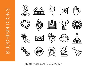 Buddhism icons. Set of 20 Buddhism-themed trendy minimal icons. Buddha, Lotus, Prayer Wheel, Dharma Wheel, Mala Beads icon. Design signs for web page, mobile app, packaging design. Vector illustration