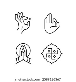 Buddhism icons. Set of 4 Buddhism-themed trendy minimal icons. Buddha, Lotus, Mala Beads icon. Design signs for web page, mobile app, packaging design. Vector illustration