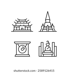 Buddhism icons. Set of 4 Buddhism-themed trendy minimal icons. Buddha, Lotus, Temple icon. Design signs for web page, mobile app, packaging design. Vector illustration