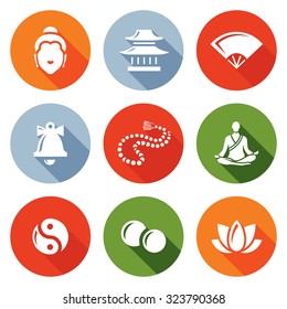 Buddhism icons set. Vector Illustration.