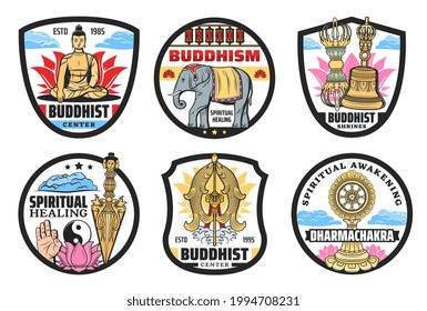 Buddhism icons, spiritual practices center. Vector meditating Buddha sitting in lotus, elephant and prayers wheels, Vajra, temple bell and Kila ritual knife, two goldfishes, dharma wheel