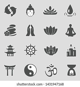 Buddhism Icons. Sticker Design. Vector Illustration.