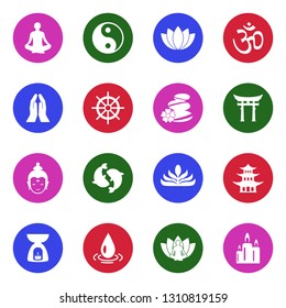 Buddhism Icons. White Flat Design In Circle. Vector Illustration.