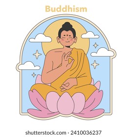 Buddhism illustration. Serene Buddha meditating on a lotus flower, embodying peace and spirituality. Flat vector illustration