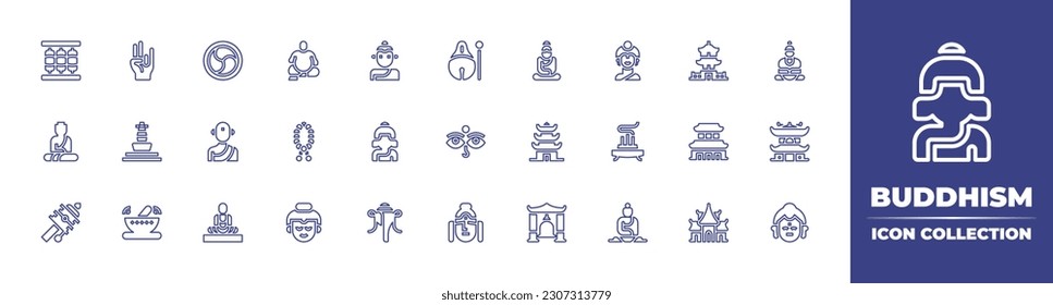 Colección de iconos de línea de budismo. Trazo editable. Ilustración vectorial. Con rueda de oración, mudra, budismo, buddha, mokugyo, templo, stupa, monje, japa mala, pagoda, incienso, oración, tazón de canto.