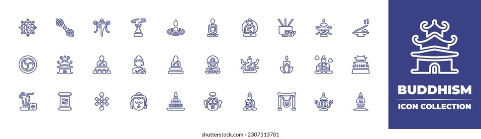 Colección de iconos de línea de budismo. Trazo editable. Ilustración vectorial. Conteniendo budismo, vajra, concha, aroma, sabiduría de vacío, buddha, incienso, jarrón, pagoda, guanyin de las mil manos.