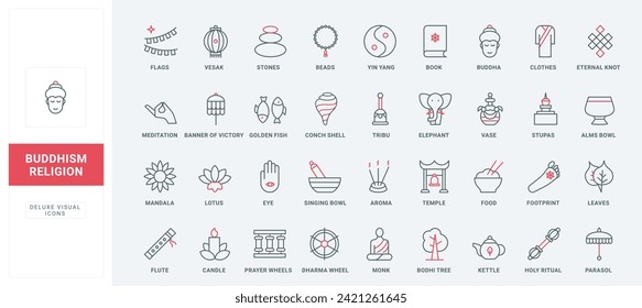 Buddhism line icons set. Prayer and yoga meditation of monk Buddhist, dharma wheel and umbrella, stone temple with bell and stupa thin black and red outline religious symbols, vector illustration