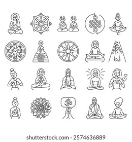 Buddhism line icons set. Vector isolated element. Editable stroke.