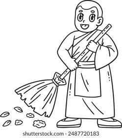 Buddhism Monk Cleaning Isolated Coloring Page