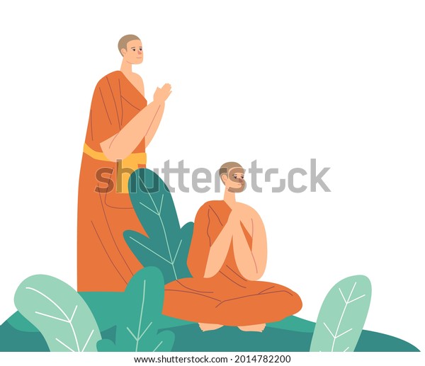 Buddhism Monks Wearing Orange Robes Praying\
or Meditating Outdoor. Buddhists Characters Meditation, Religious\
Lifestyle, Young Asian Monks Reach Enlightenment. Cartoon People\
Vector Illustration