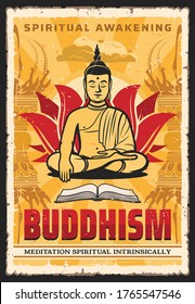 Buddhism Poster, Buddha In Meditation And Dharma, Enlighten, Spiritual Awakening, Vector. Buddhist Monk In Lotus Posture And Mudra Hand, Hinduism And Buddhism Spiritual Intrinsically And Enlightenment