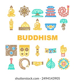 buddhism religion buddha thailand icons set vector. temple asia, religion monk, thai travel, asian statue, culture spiritual, ancient buddhism religion buddha thailand color line illustrations