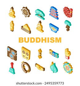 buddhism religion buddha thailand icons set vector. temple asia, religion monk, thai travel, asian statue, culture spiritual, ancient buddhism religion buddha thailand isometric sign illustrations