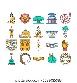 buddhism religion buddha thailand icons set vector. temple asia, religion monk, thai travel, asian statue, culture spiritual, ancient buddhism religion buddha thailand color Contour Illustrations