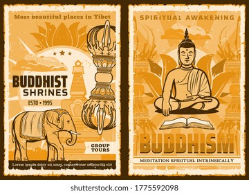 Buddhism Religion, Buddha In Yoga Zen Meditation Buddhist Lotus And Temples, Vector Poster. Buddhism Spiritual Meditation, Tibet Tourism To Monk Temples And Shrines, Dharma Spiritual Enlightenment