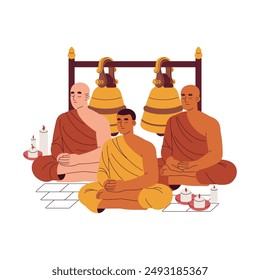 Buddhism religion. Buddhists meditate on the floor. Group of monks prays. Religious recite prayers, mantras in wat. Belief, faith in Buddha. Flat isolated vector illustration on white background